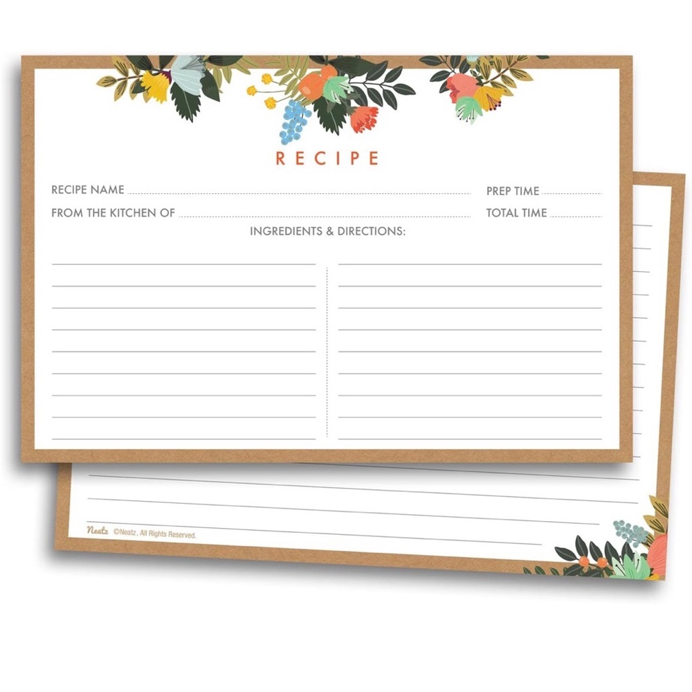 NWT Floral Recipe Cards - 50 Double Sided Cards, 4x6 inches. Thick Card Stock